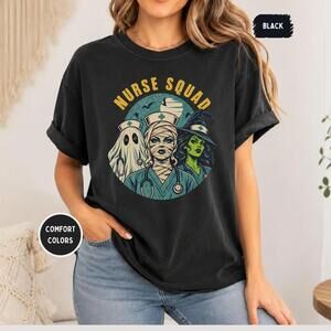 Halloween Nurse Shirt, S Nurse Squad Tee, Retro Ghost Mummy Witch Graphic